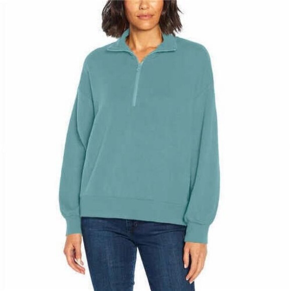 Three Dots Women' Cozy Super Soft Quarter Zip Pullover Shirt (Nile Blue, Medium)